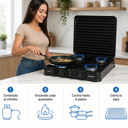 Sokany GrillChef™ 4 Puestos con Tapa Protectora