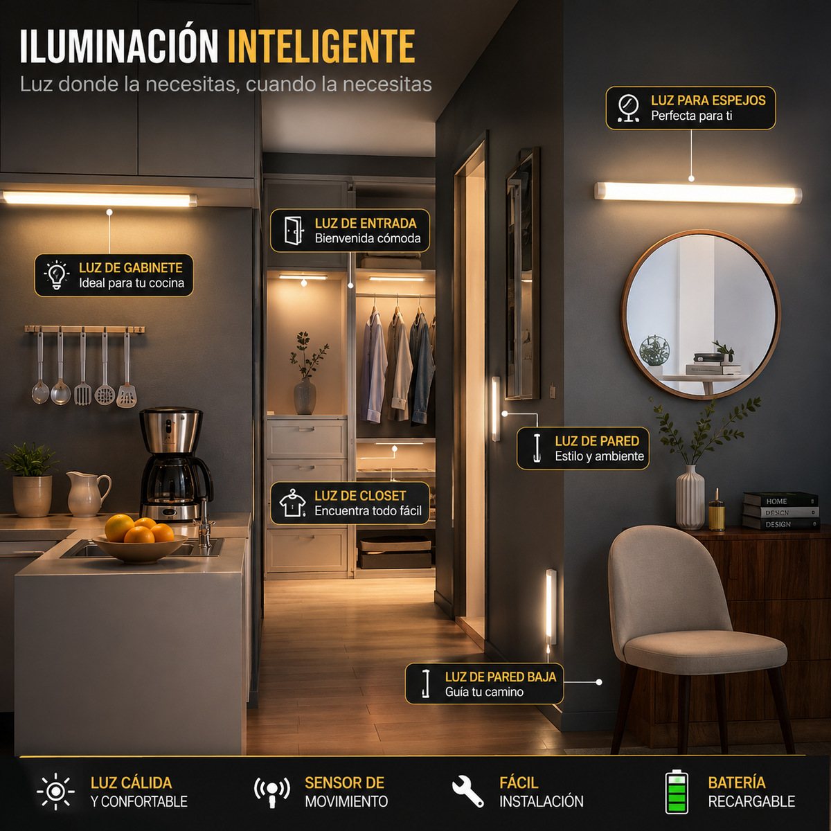 💡✨ Luz LED con Sensor de Movimiento | Ultrafina &amp; Recargable USB