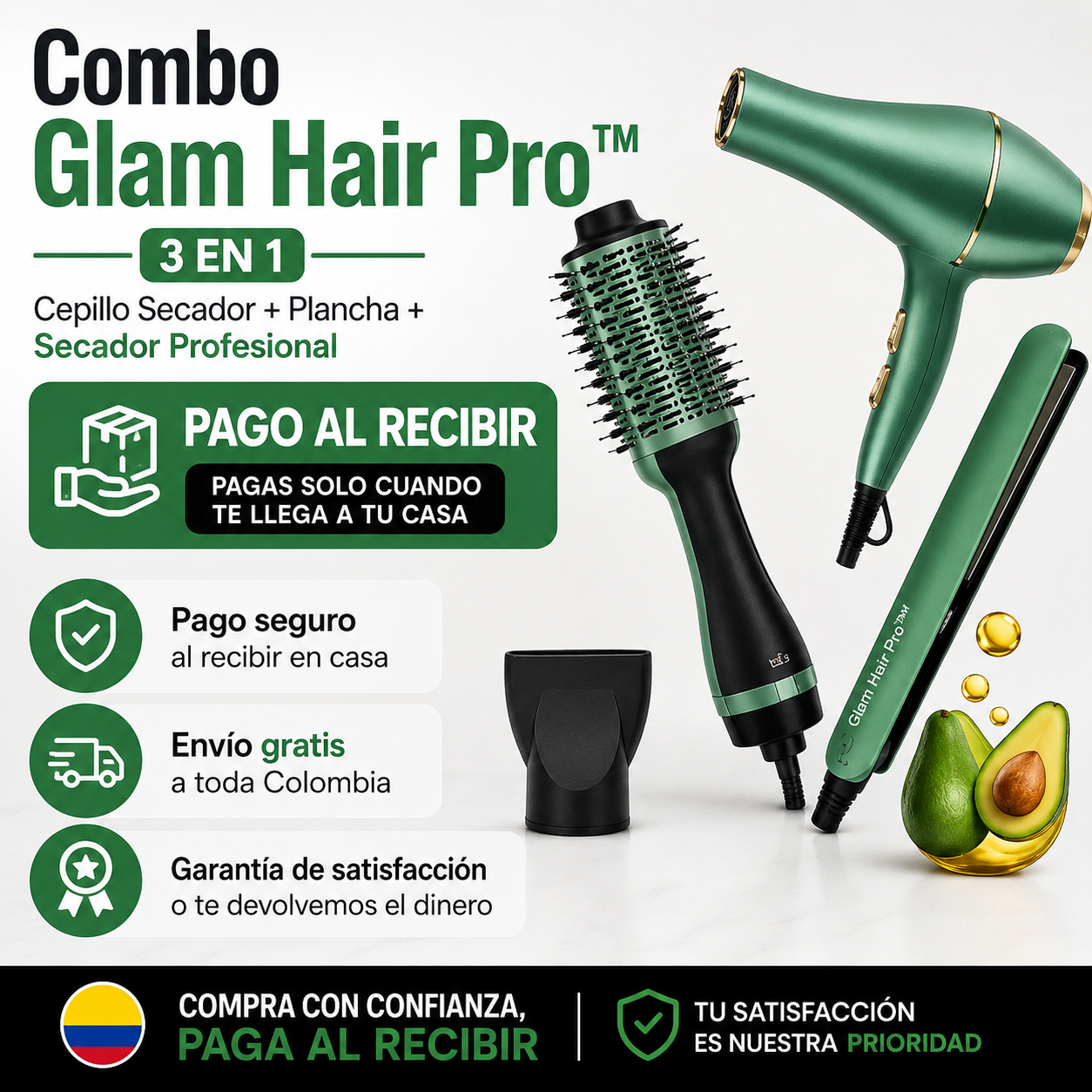 🌟 Combo Glam Hair Pro™ 3 EM 1  Cepillo Secador + Plancha + Secador Profesional