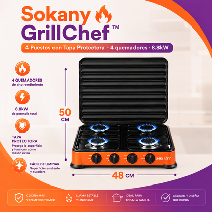 Sokany GrillChef™ 4 Puestos con Tapa Protectora